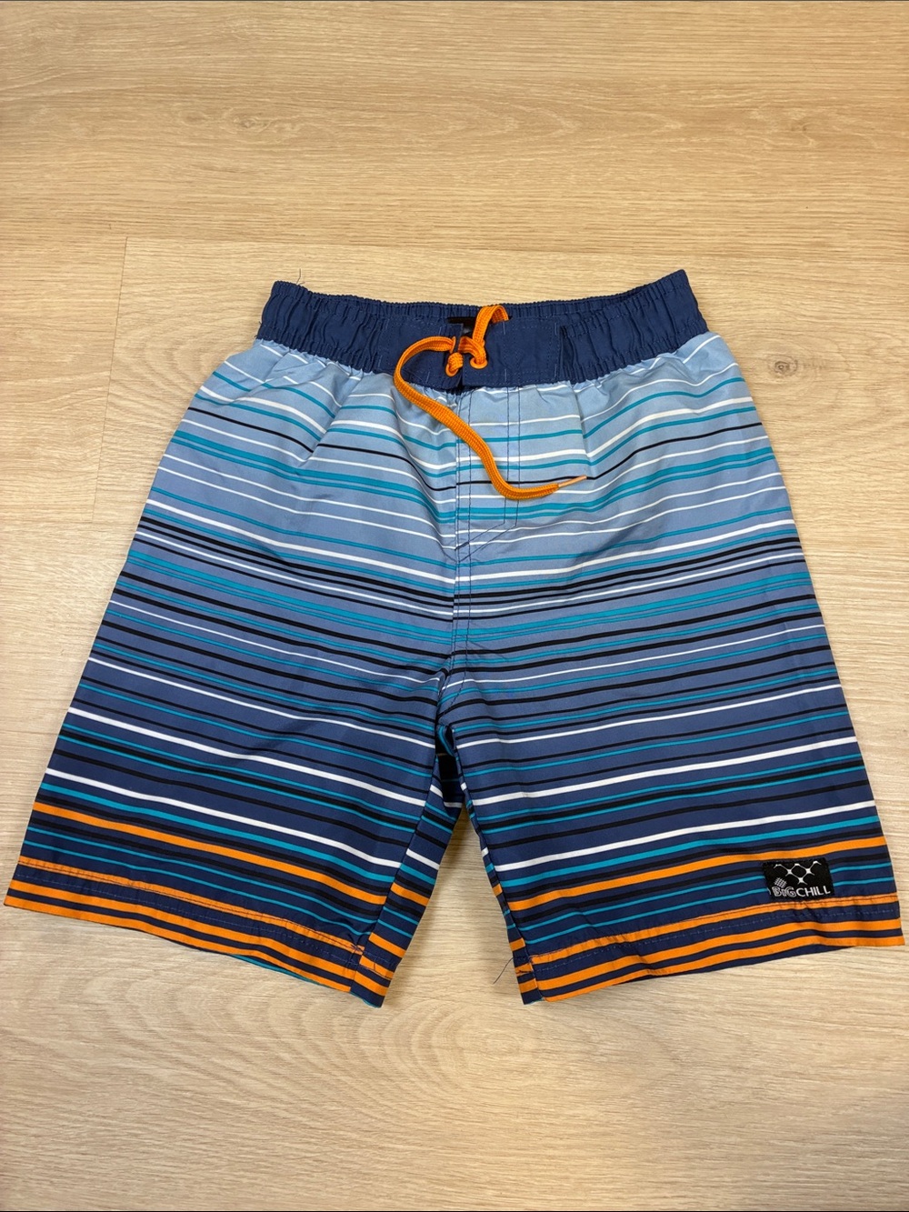 Big Chill Boys Blue Stripe Swim Trunks with Orange Drawcord